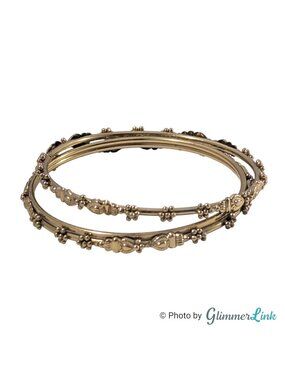 Vintage Gold Tone Stacking Bangles Floral Beaded Bracelet Set Pair